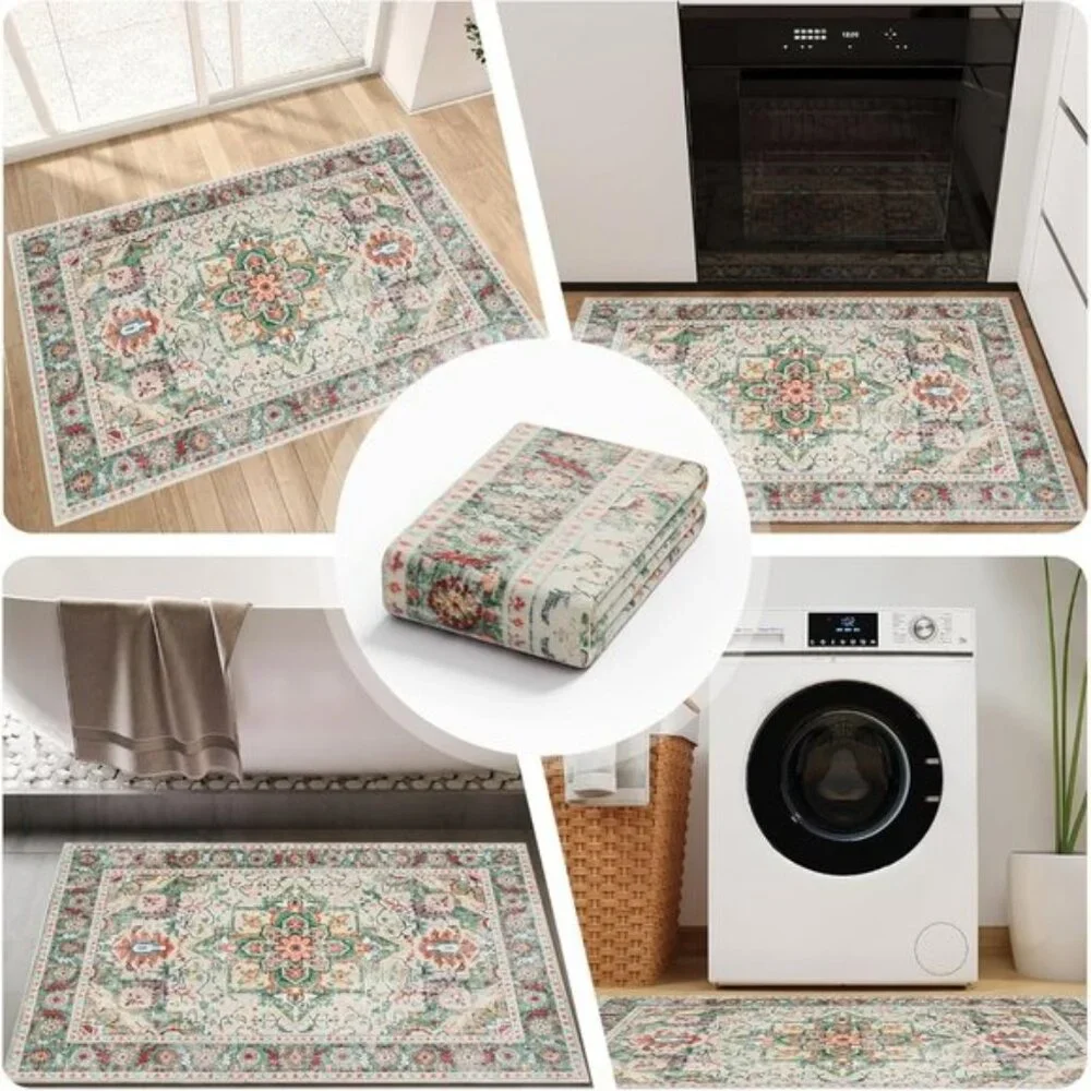 2x3 Vintage Entryway Rug, Washable Non-Slip Small Area Rug for Room, Cream/Green